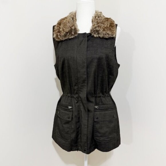 J. Jill Brown Long Vest Cinched Waist Faux Fur Collar Size M - Picture 1 of 7
